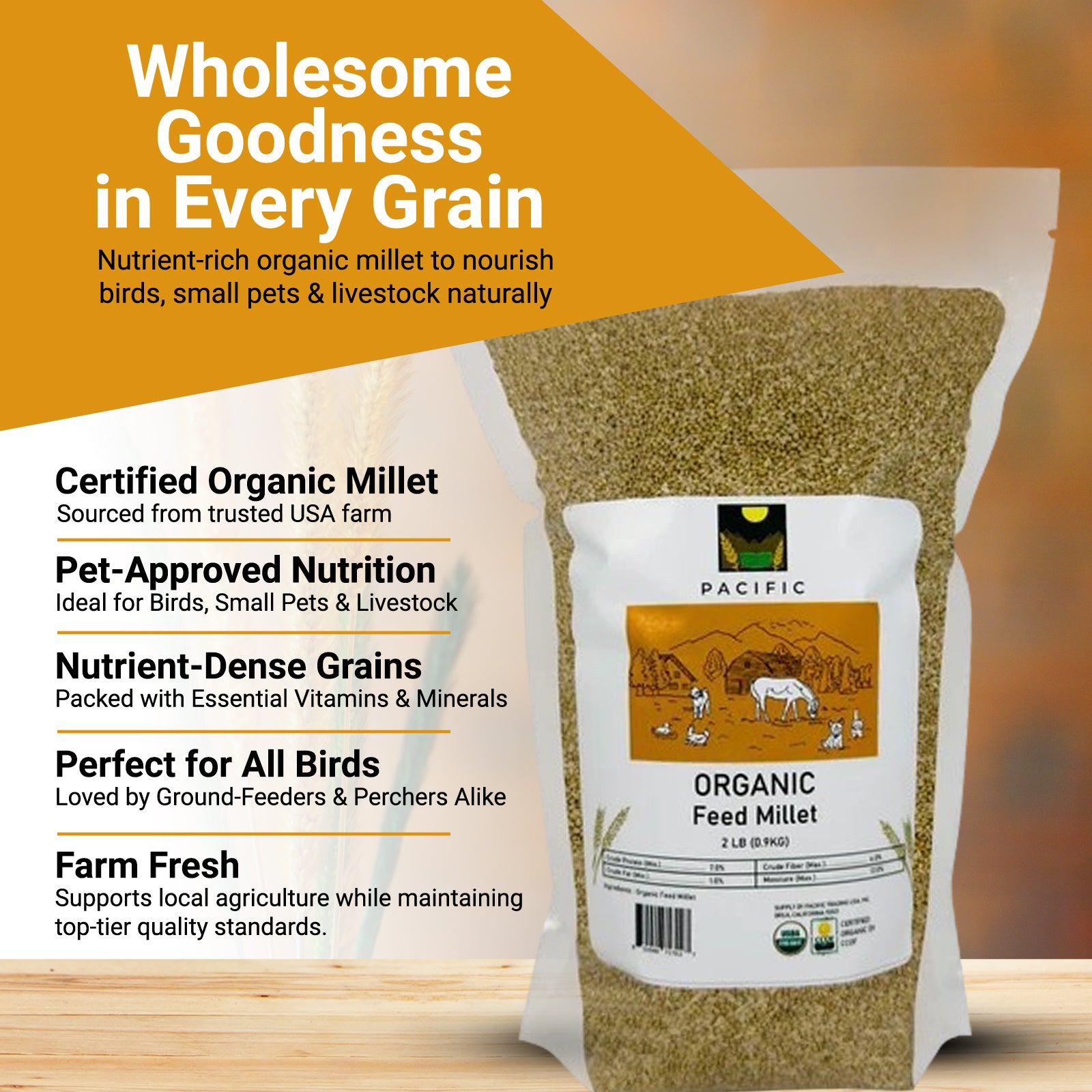 Pacific Organic Feed Millet - Millet Bird Seed 5Lbs | Rich with Fiber & Minerals | USDA and CCOF Certified | Packed in USA