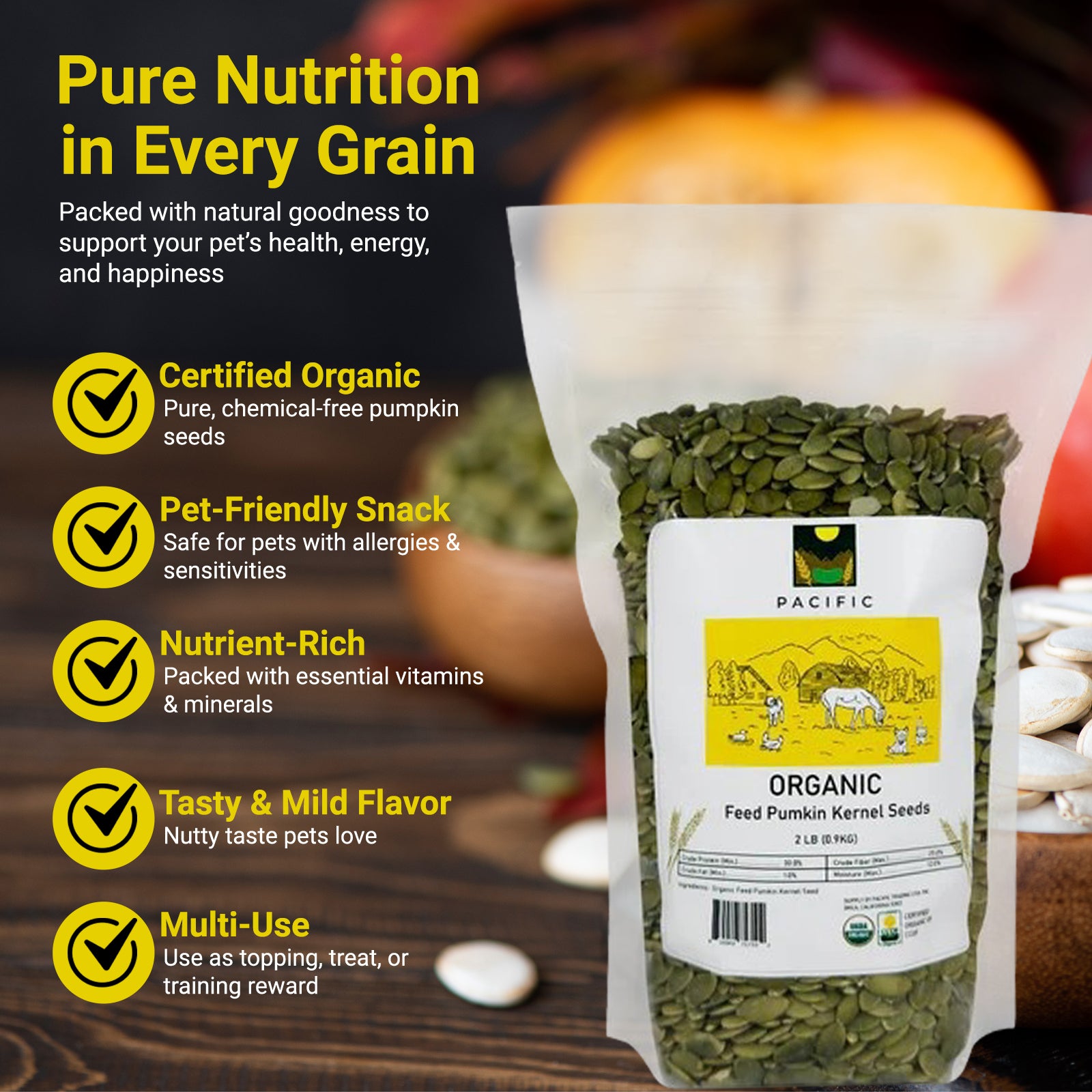 Pacific Organic Feed Pumpkin Kernel Seeds - Organic Pumpkin Seeds for Dogs | Rich with Fiber & Minerals | USDA and CCOF Certified | Packed in USA - 5Lbs