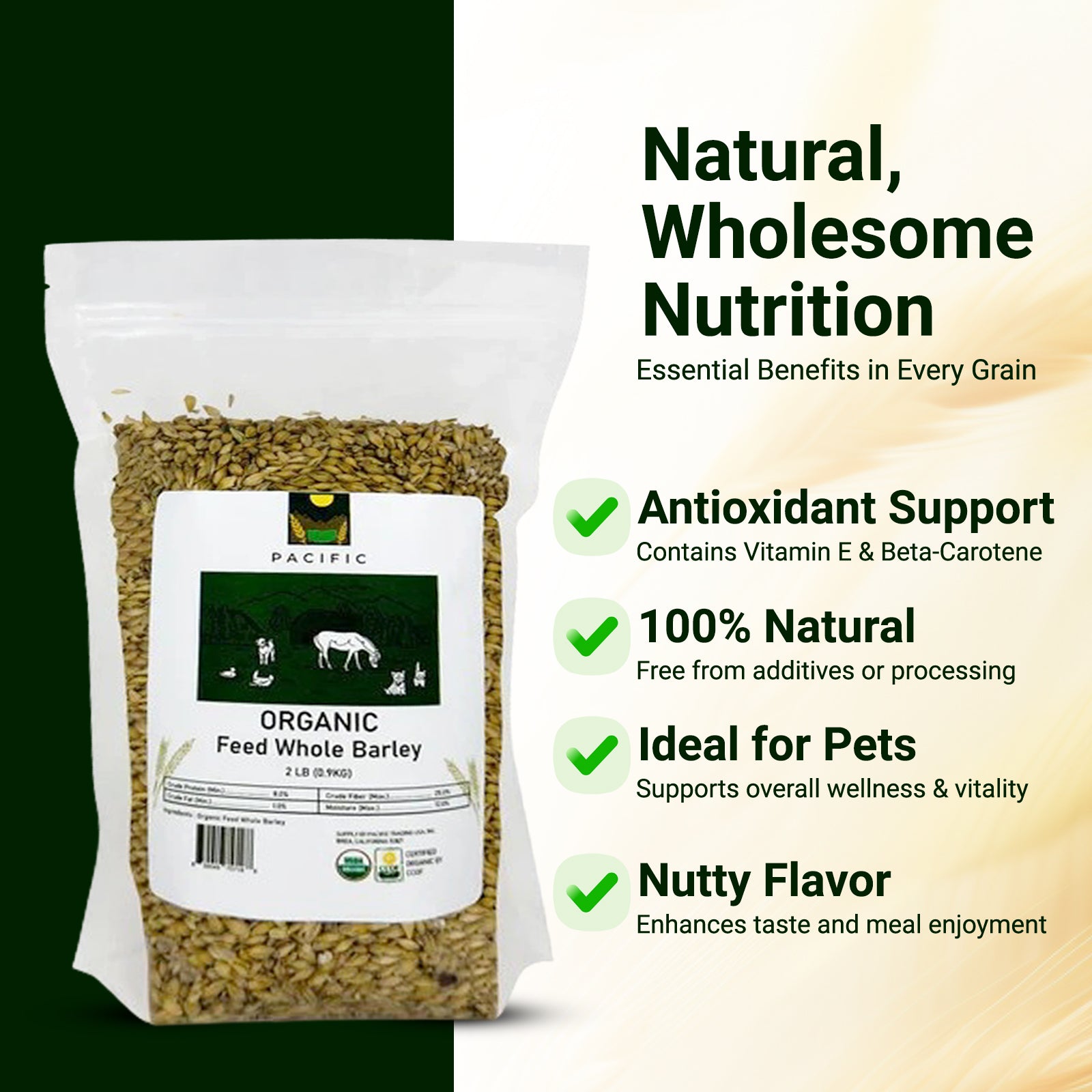 Pacific Organic Feed Whole Barley - Dehulled Whole Barley | USDA and CCOF Certified | Product of USA | 5lb
